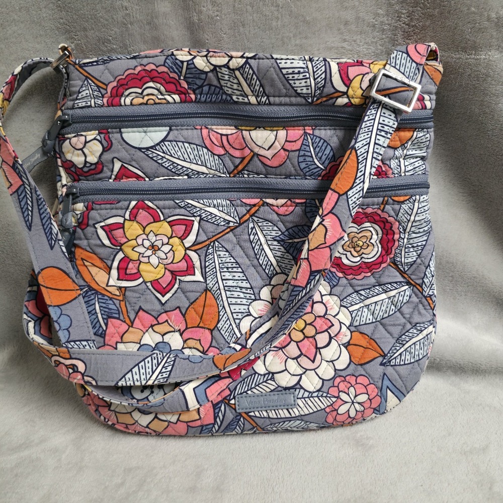 Vera Bradley Tropical Evening Gray Pink Orange Floral Quilted Crossbody Purse